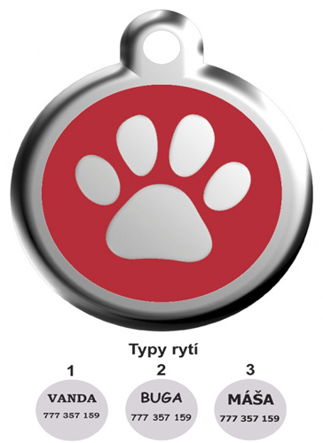 Red Dingo psí známka s rytím malá Tlapka červená 20 mm