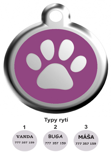 Red Dingo kočičí známka s rytím malá Tlapka fialová 20 mm 