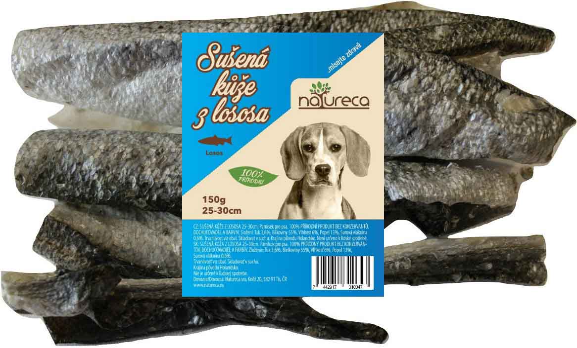 Natureca sušené rybí maso pro psy Sušený losos pro psy, kůže z lososa 150 g 25 - 35 cm