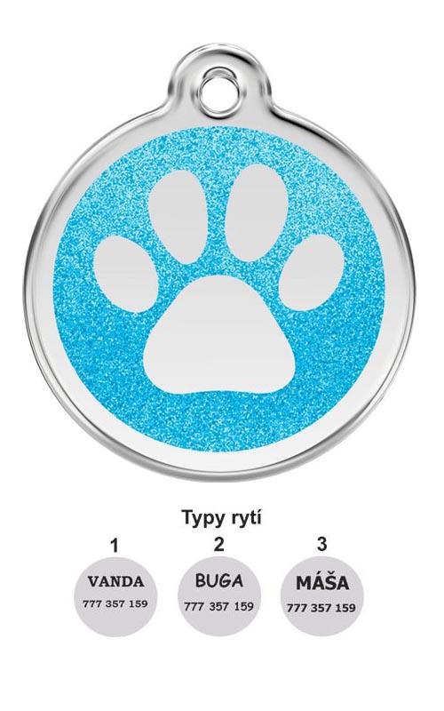 Red Dingo psí známka s rytím malá Třpytivá modrá tlapka 20 mm